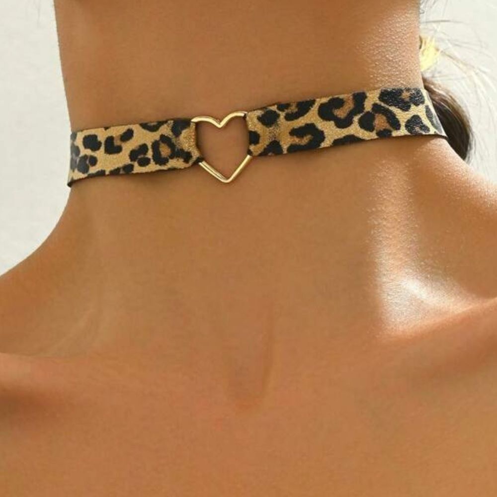 Free People Leopard Print Heart Choker in Tan and Black